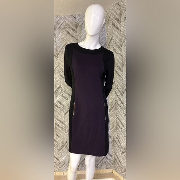Michael Kors Black and Purple Long Sleeve Dress, size large has pockets - Picture 1 of 8